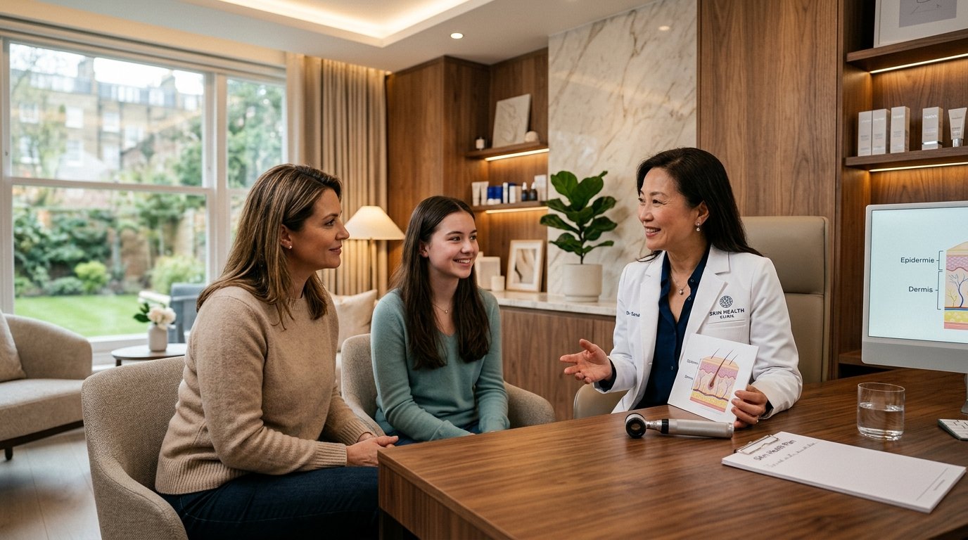 Dermatologist consultation with mother and daughter